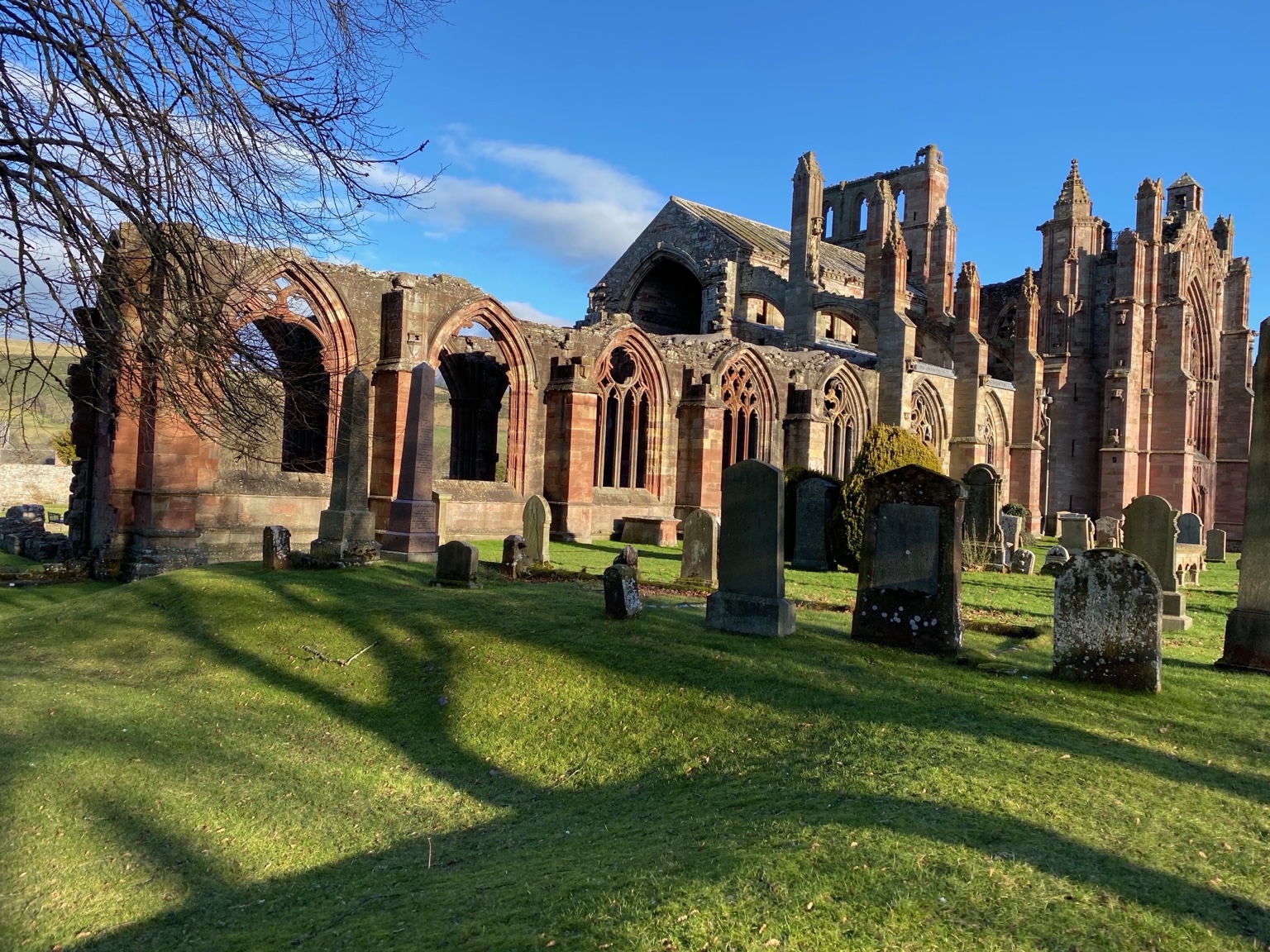 Historic abbey ruins in bright daylight showing a dramatic visitor setting and open grounds